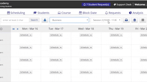 Enriching Students Scheduling page showing multiple available sessions