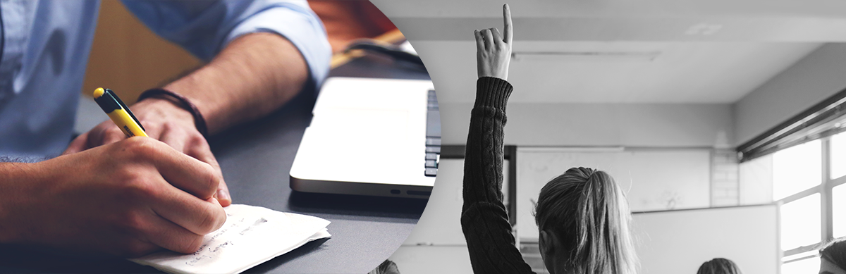 An image showing a student raising her hand in class, and her teacher stopping to write out a paper hall pass.